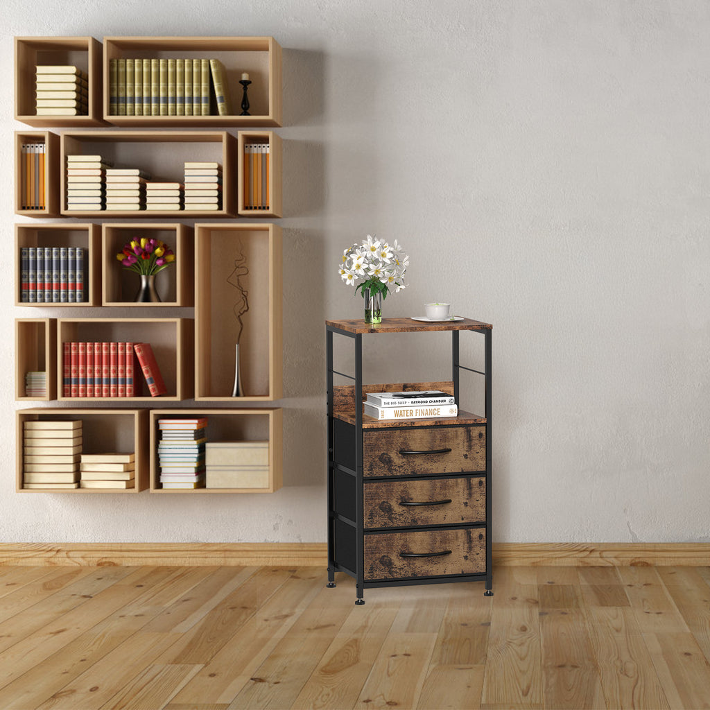 Bedside Table with Fabric Drawers - Industrial Nightstand for Bedroom & Dorm, Black/ Rustic Brown/White
