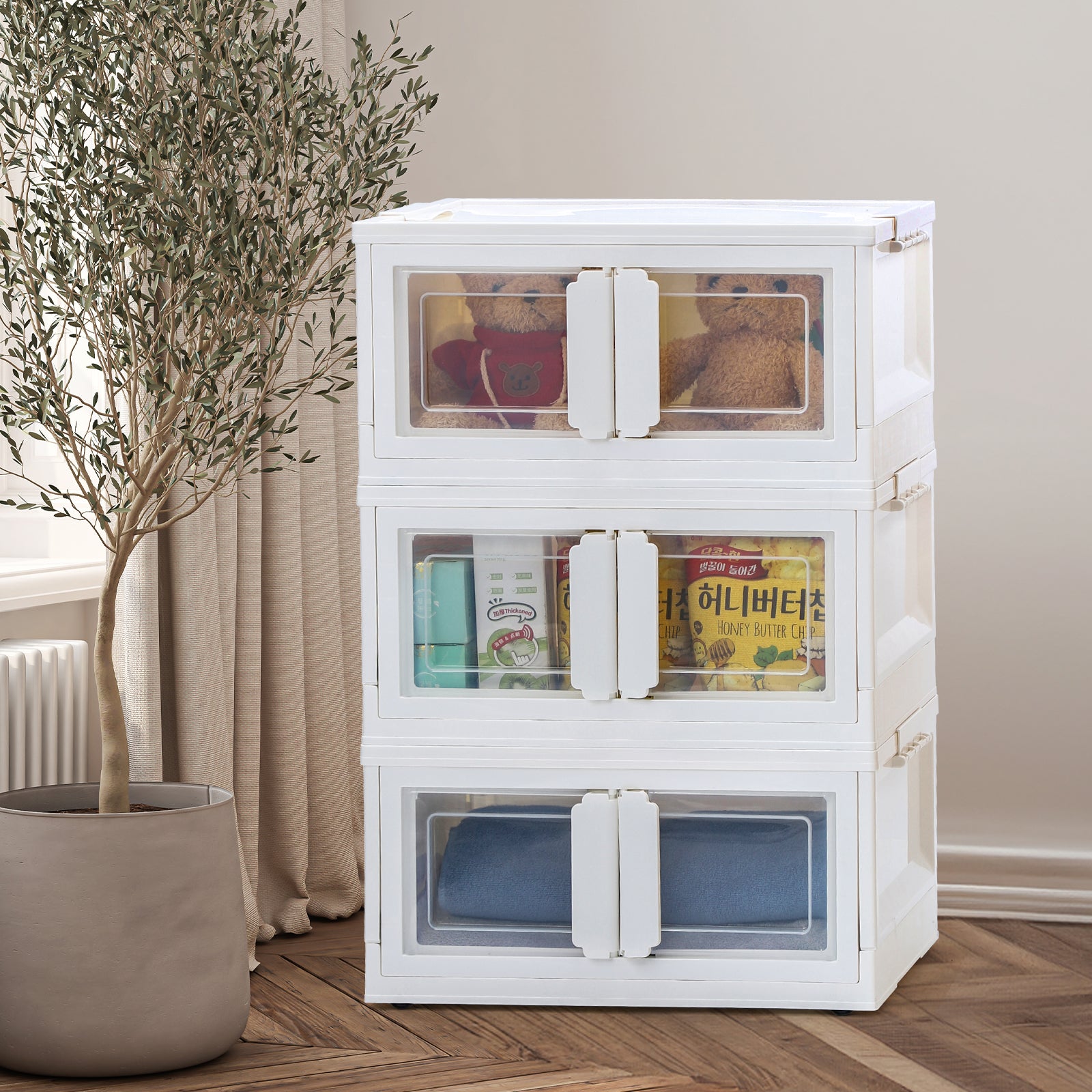 3 Pack Foldable Storage Bins with Lids & Wheels, Stackable Plastic Storage Boxes with Clear Doors, Collapsible Organizer Containers for Bedroom, Closet, Toys, Clothes, White