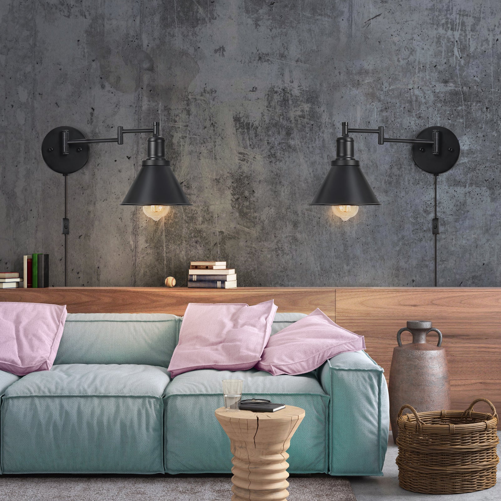 Set of 2 Retro Industrial Wall Lamps with Plug and Switch - Black Metal Sconce Lighting for Bedroom and Living Areas - Simple No-Hardwire Installation