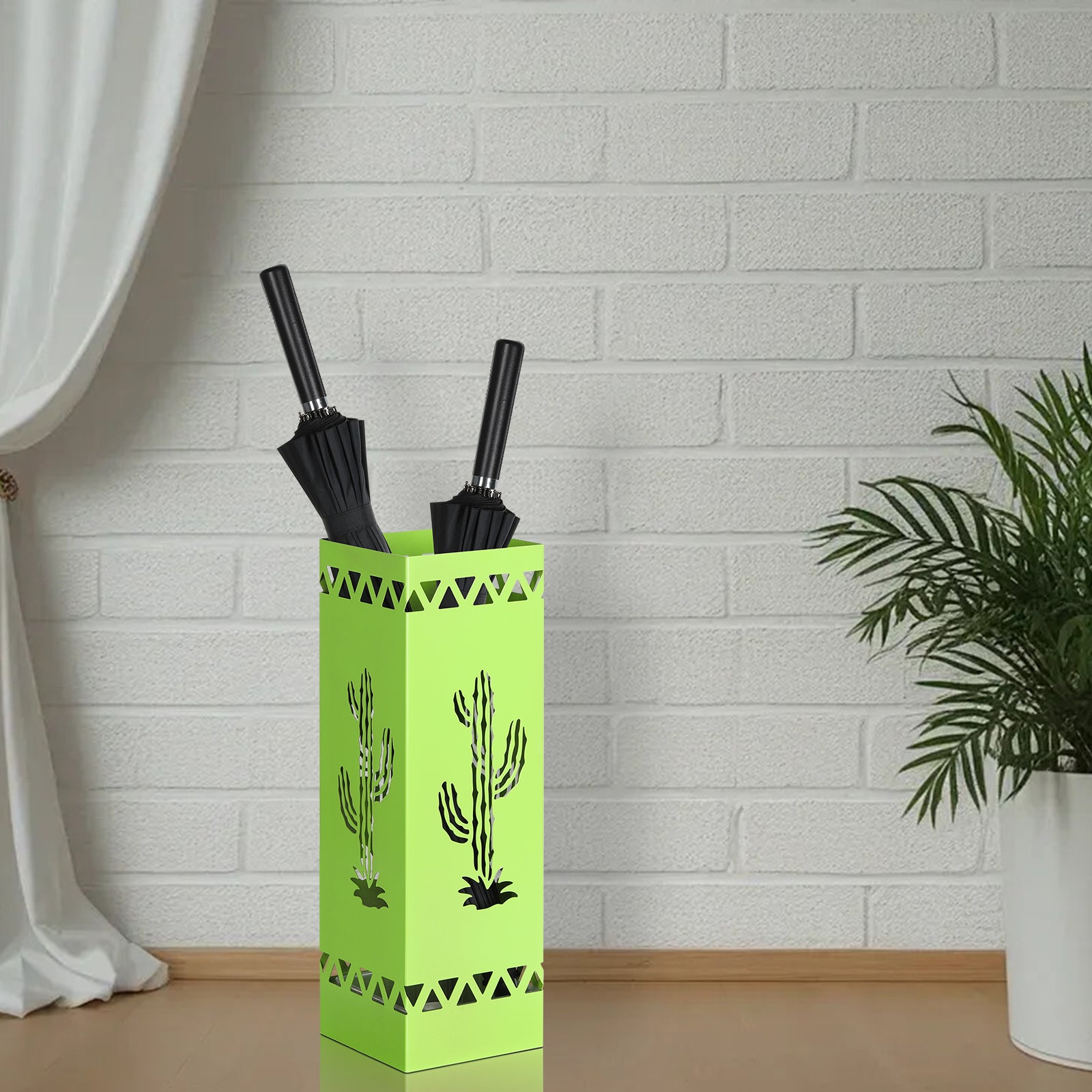 Green Metal Umbrella Stand with Cactus Design, Free-Standing Holder for Entryway with Drip Tray