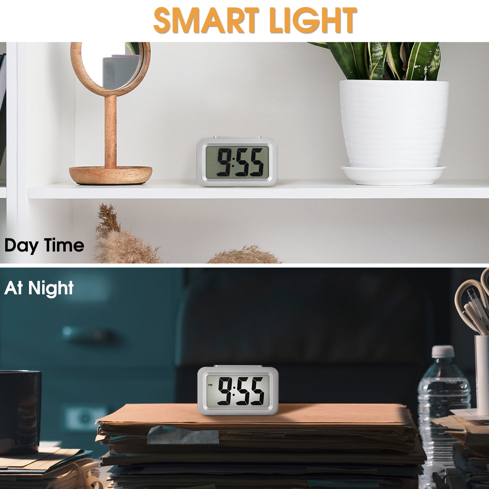 Silver Compact Digital Alarm Clock with Auto Backlight, Snooze & Brightness Dimmer, Battery-Powered LED Clock for Bedside & Desk