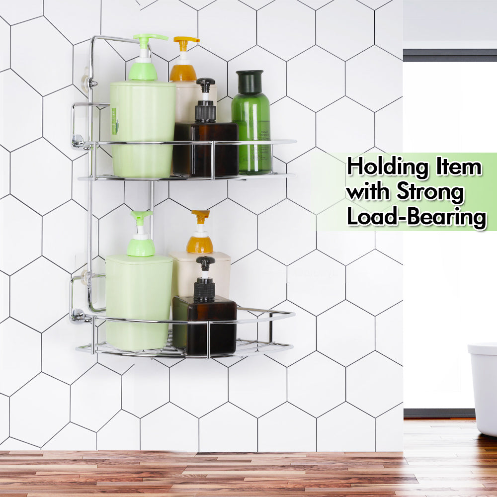 2-Tier Adhesive Stainless Steel Wall-Mounted Shower Organizer for Bathroom and Kitchen Storage