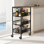 4-Tier Mesh Wire Rolling Utility Cart - Rustic Wood-Top Serving Trolley with Lockable Wheels for Kitchen