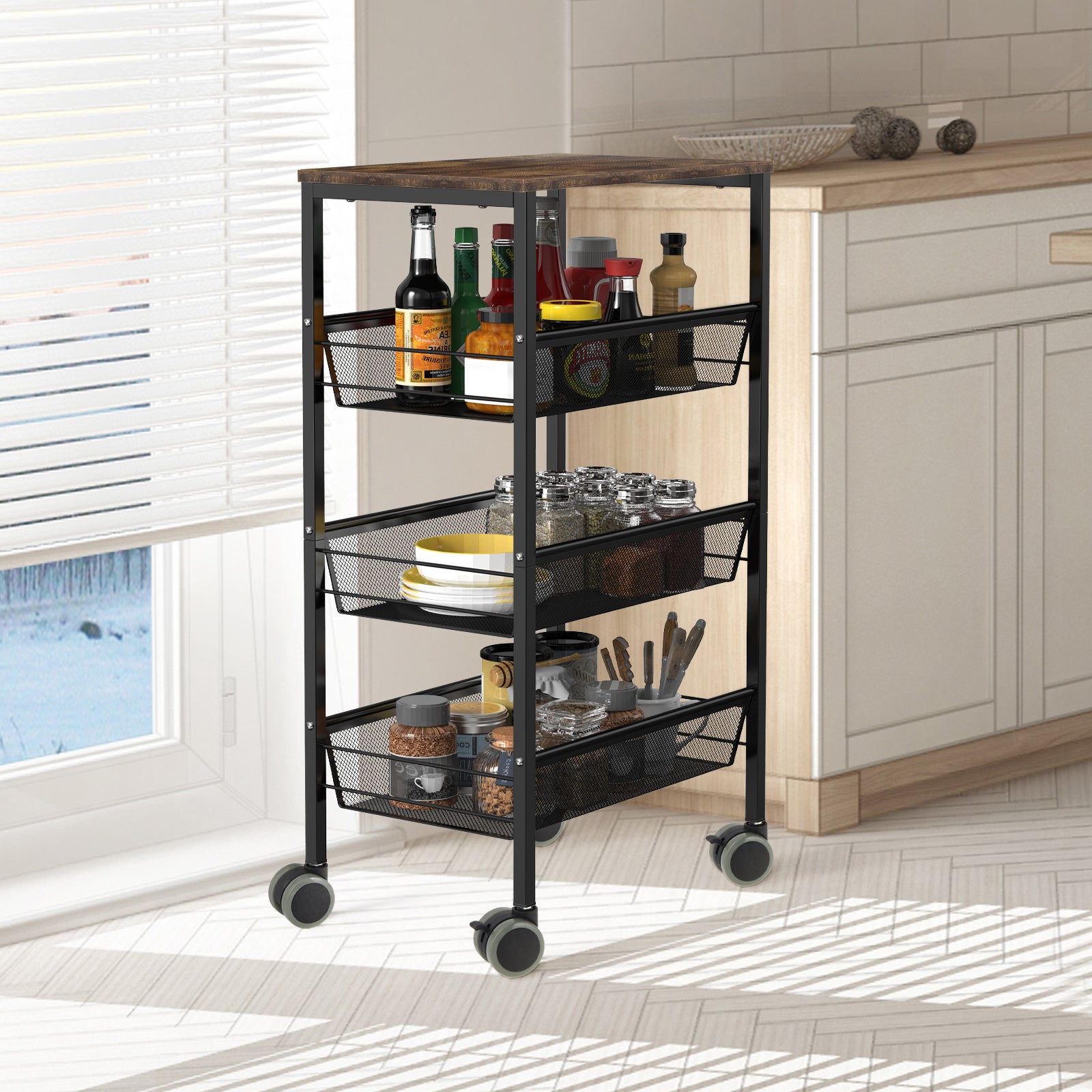 4-Tier Mesh Wire Rolling Utility Cart - Rustic Wood-Top Serving Trolley with Lockable Wheels for Kitchen