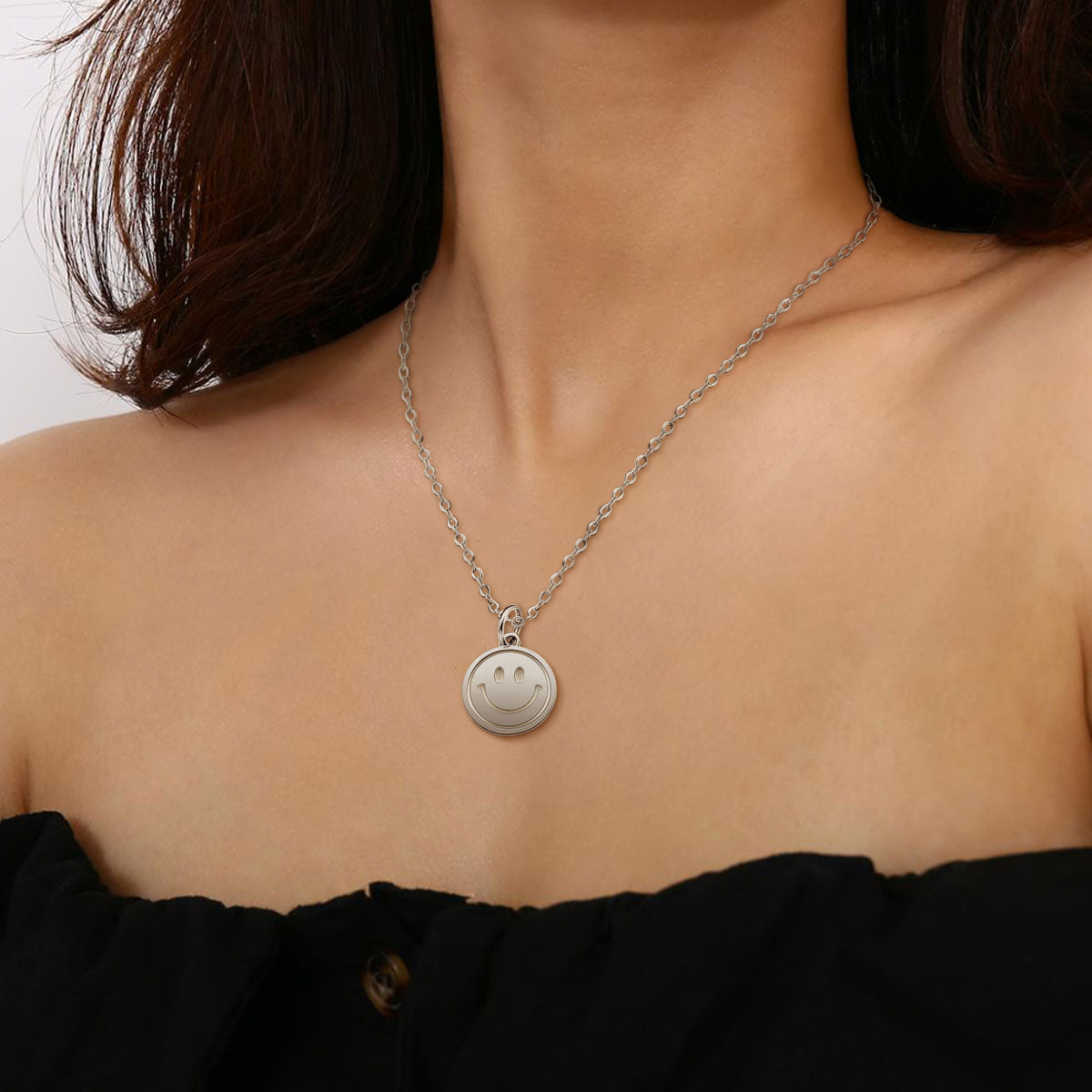 White Plated Happy Face Jewelry Set Featuring Necklace and Earrings, Stylish Summer Gift for Women and Teen Girls