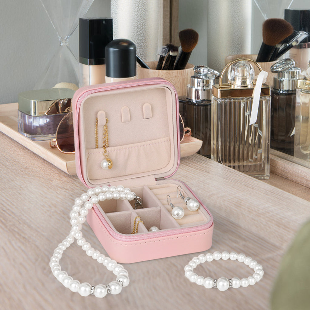 Pink Portable Travel Jewelry Case - Compact PU Leather Zippered Jewelry Organizer for Earrings & Necklaces