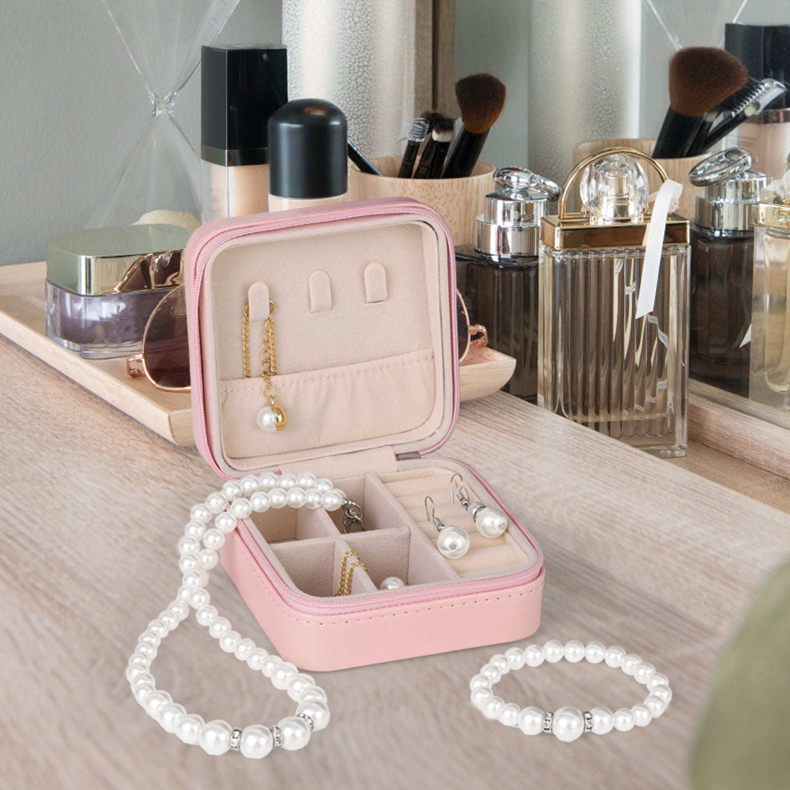 Pink Portable Travel Jewelry Case - Compact PU Leather Zippered Jewelry Organizer for Earrings & Necklaces