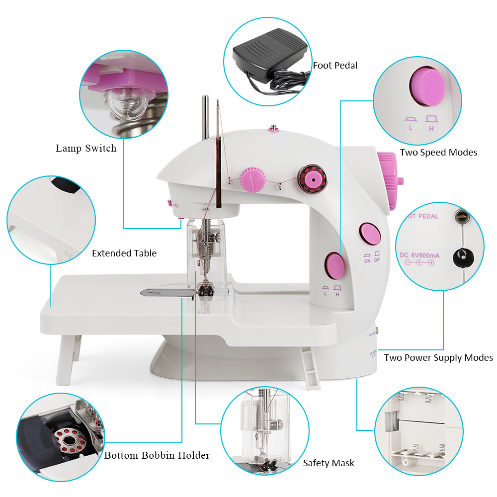 Mini Electric Portable Sewing Machine for Beginners, 2-Speed Double Thread Mending Machine with Foot Pedal