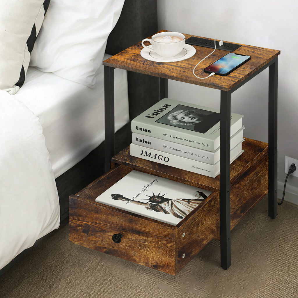 2-Tier Side End Table with Charging Station & Wooden Drawer, Rustic Bedside Nightstand for Bedroom & Workplace,