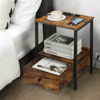 2-Tier Side End Table with Charging Station & Wooden Drawer, Rustic Bedside Nightstand for Bedroom & Workplace,