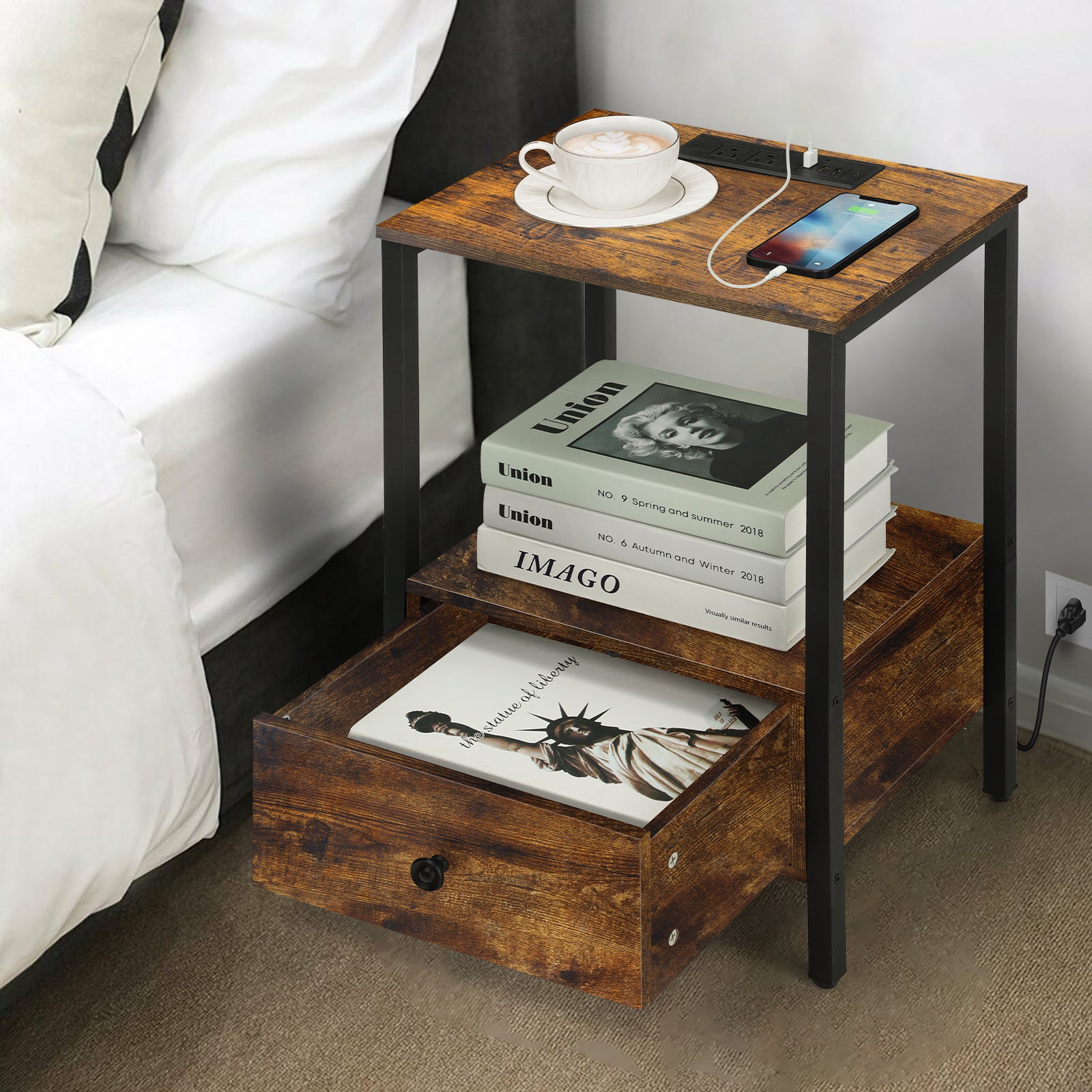 2-Tier Side End Table with Charging Station & Wooden Drawer, Rustic Bedside Nightstand for Bedroom & Workplace,