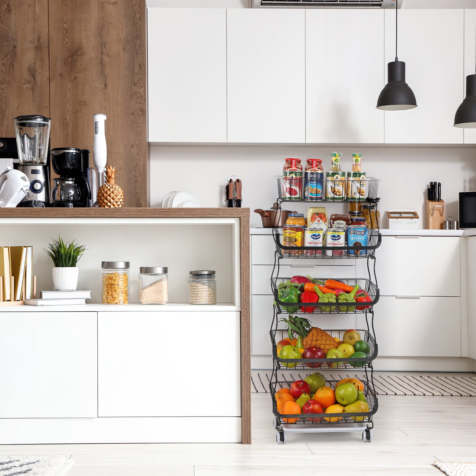 Stackable 5 Tier Rolling Kitchen Storage Cart, Freestanding Wire Produce Fruit Basket Rack with Mobile Casters, Multi-Purpose Vegetable Food Organizer for Kitchen, Dining Room, Pantry