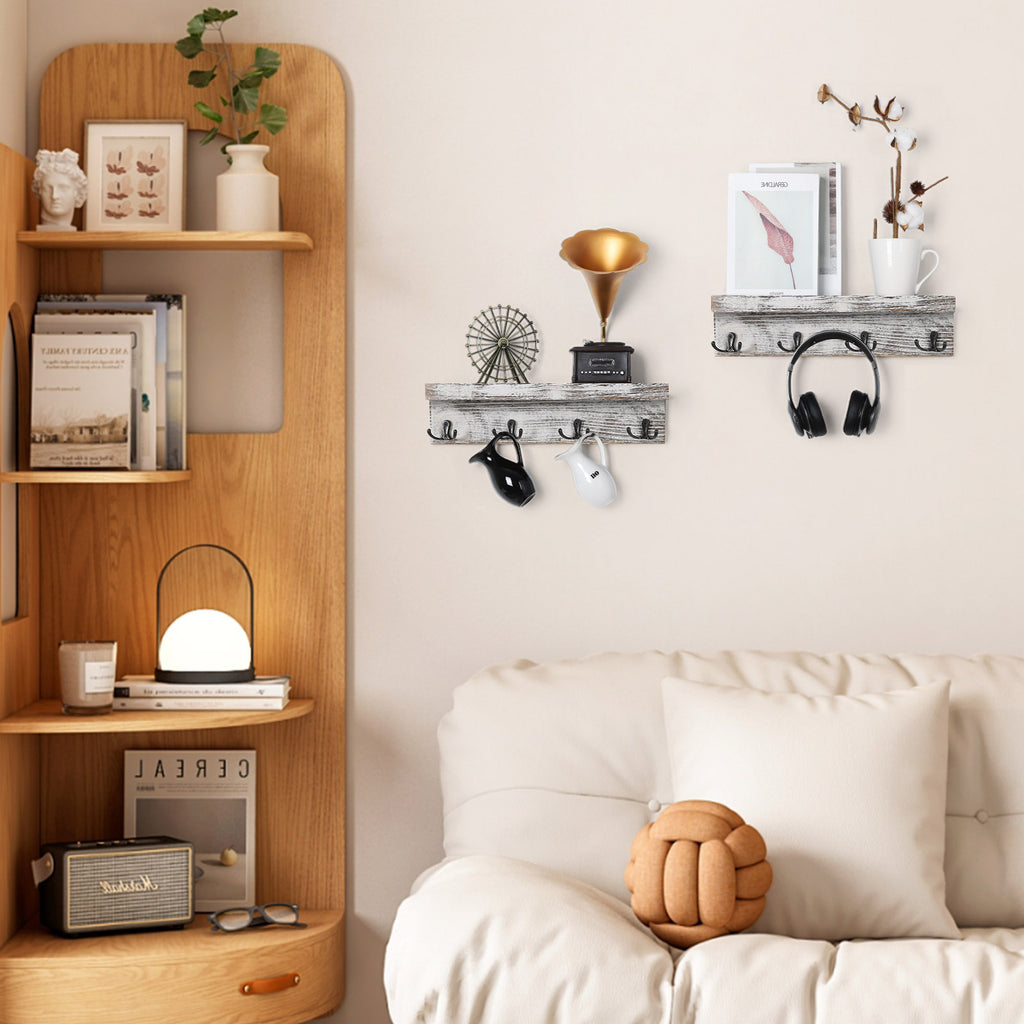 Wall Coat Rack with Hooks Wall Mounted Coat Rack with Hooks Set of 2 Farmhouse Coat Key Hooks with Storage Shelf Hanging Shelves for Entryway Bedroom Bathroom Living Room, Rustic White
