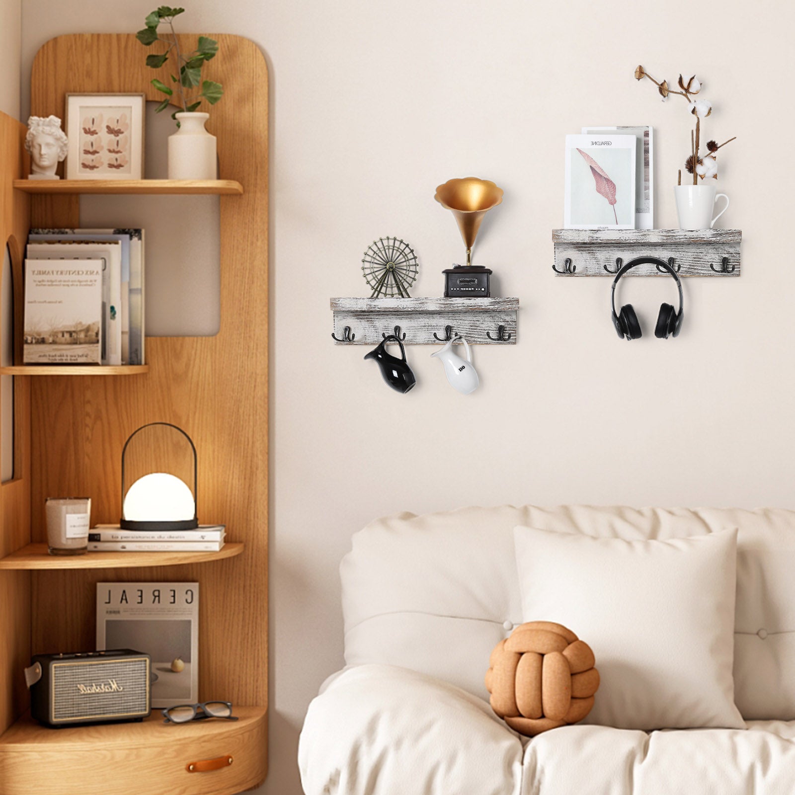 Wall Coat Rack with Hooks Wall Mounted Coat Rack with Hooks Set of 2 Farmhouse Coat Key Hooks with Storage Shelf Hanging Shelves for Entryway Bedroom Bathroom Living Room, Rustic White