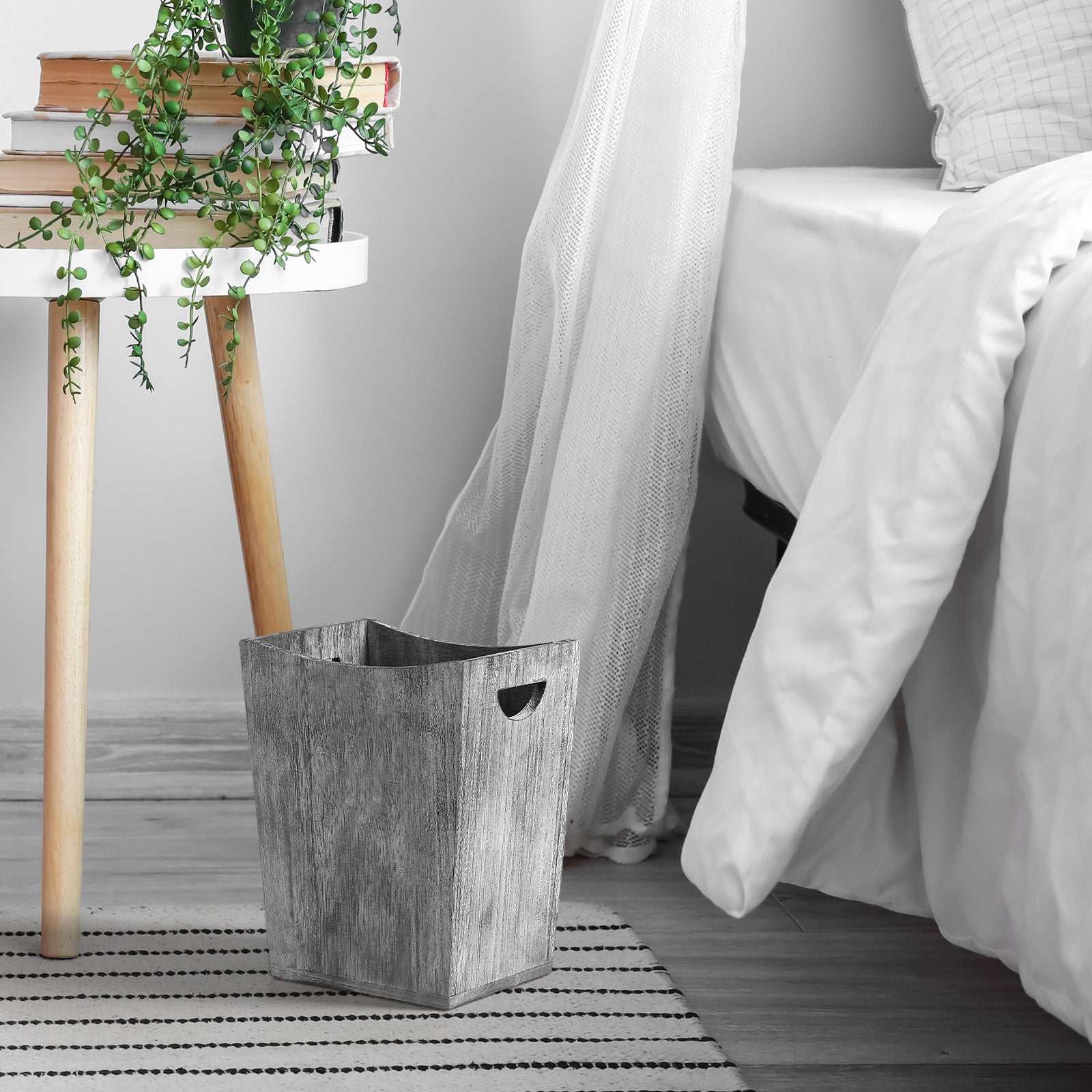 Small Wooden Waste Basket w/ Double Handles - Rustic Wood Garbage Can for Office, Bathroom, Bedroom