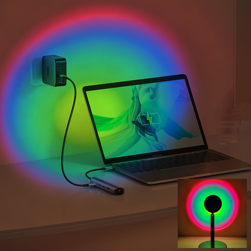 Rainbow sunset lights. Decorative light, photo light, ambient light. 1pcs sunset projection light, 360 degree rotating sunset projection floor lamp, romantic LED rainbow ambient night light for bedroom living room party bar store, USB charging.