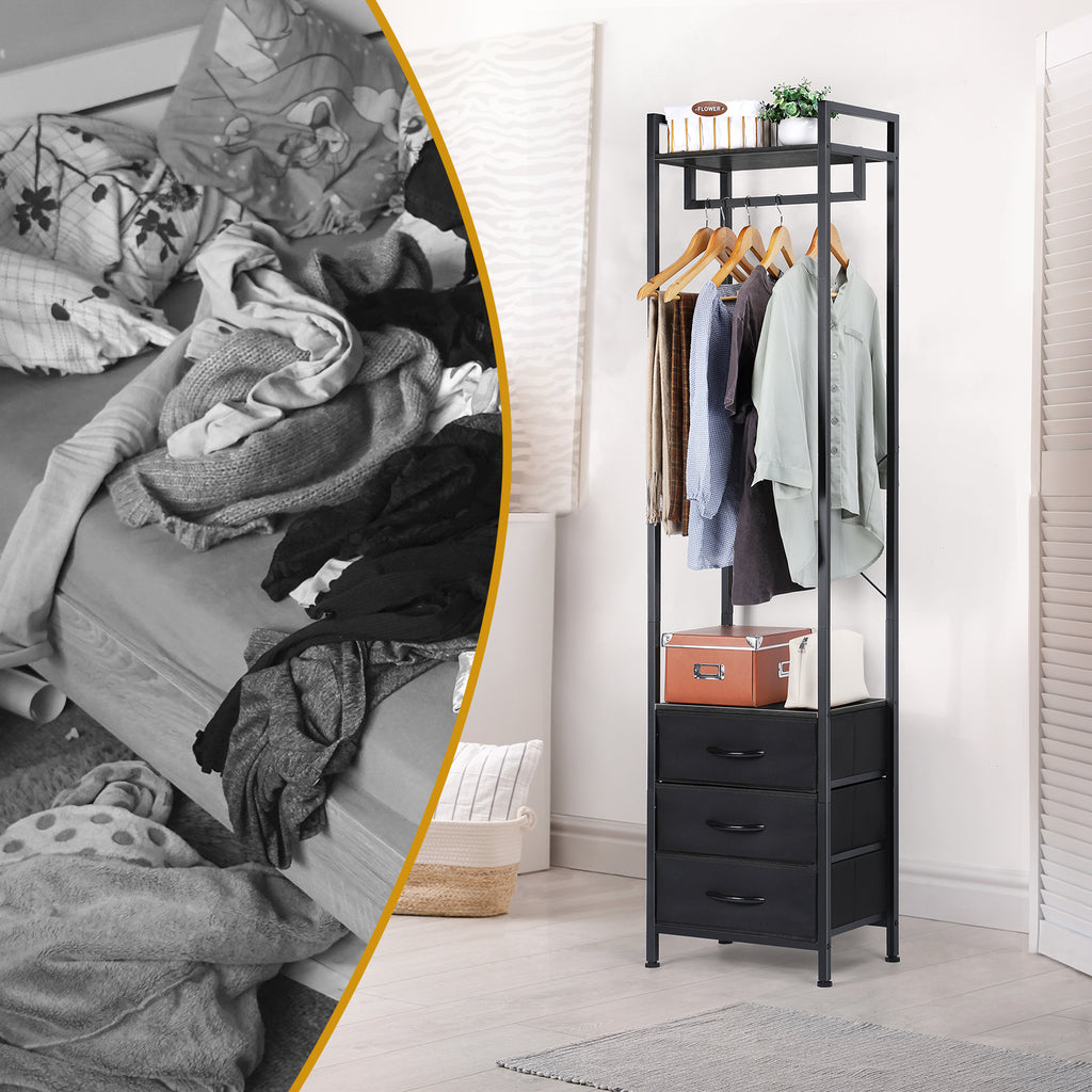 Heavy-Duty Garment Rack with 3 Fabric Drawers - Freestanding Clothes Closet Stand with Top Storage Shelf