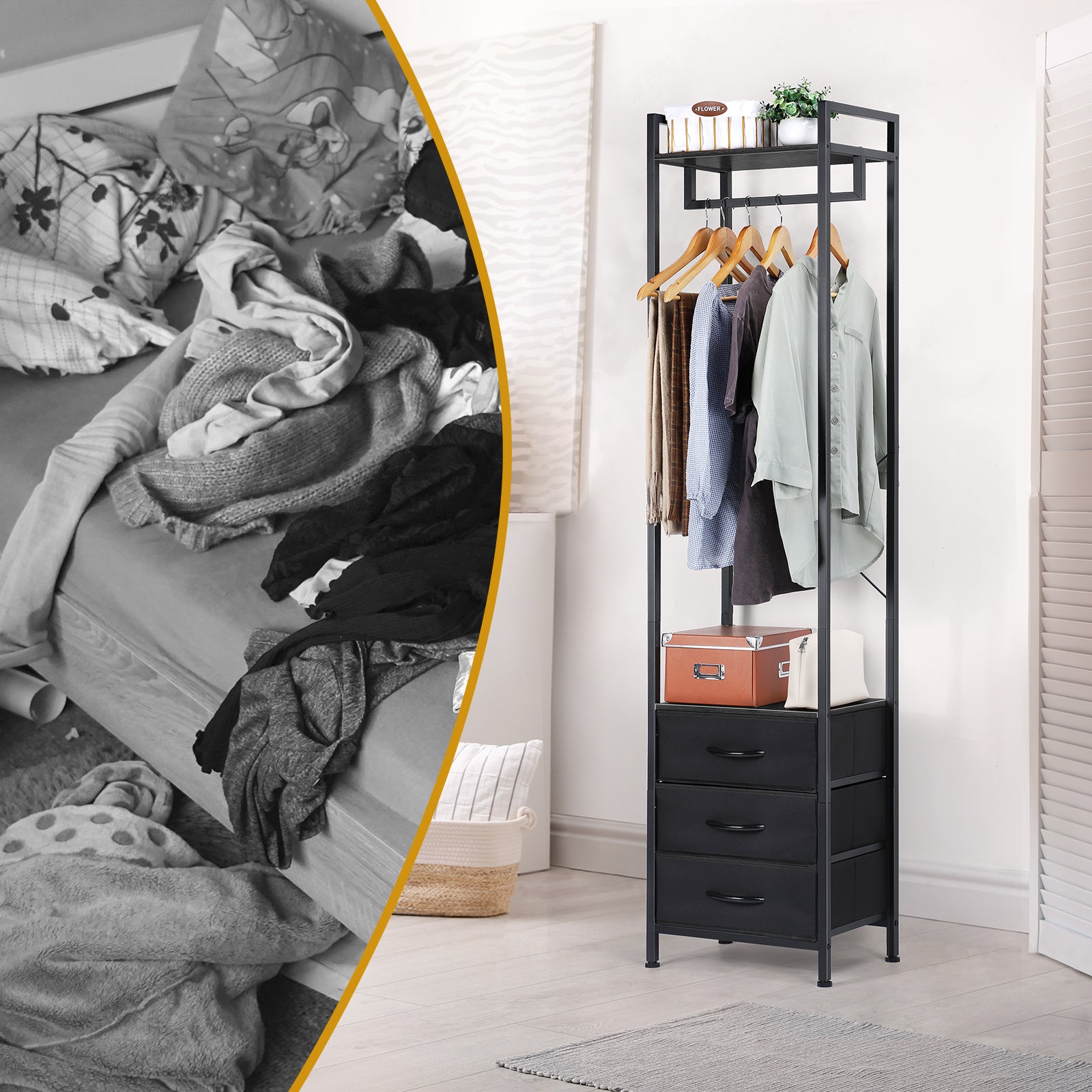 Heavy-Duty Garment Rack with 3 Fabric Drawers - Freestanding Clothes Closet Stand with Top Storage Shelf
