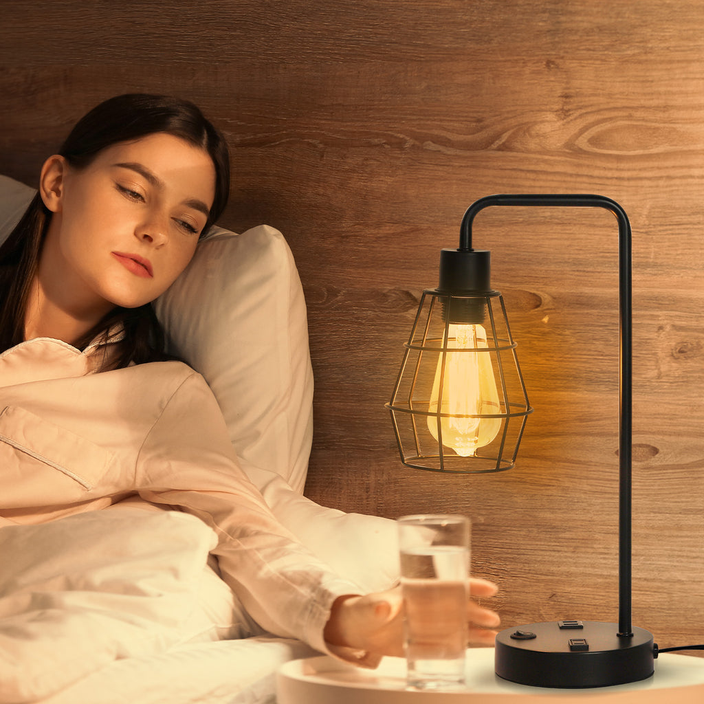 Set of 2 Industrial USB Table Lamps - Metal Cage Bedside Lamps with Dual USB Ports & AC Outlet