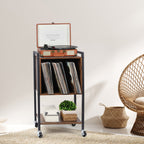Record holder with vinyl record storage, grey turntable stand with charging station, record player stand with removable wheels