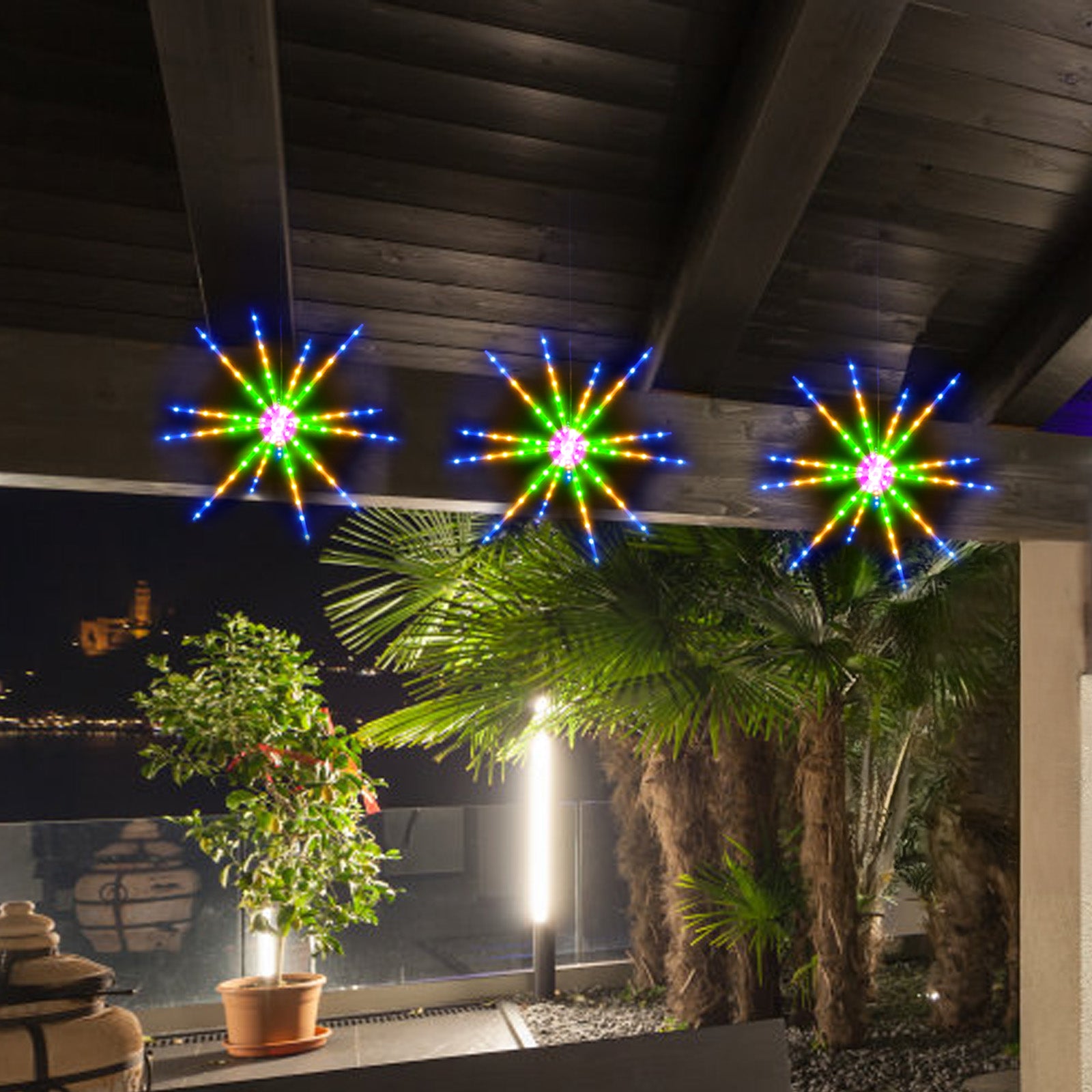 Two fireworks lights, festive decorations, party lights, controlled by infrared remote.