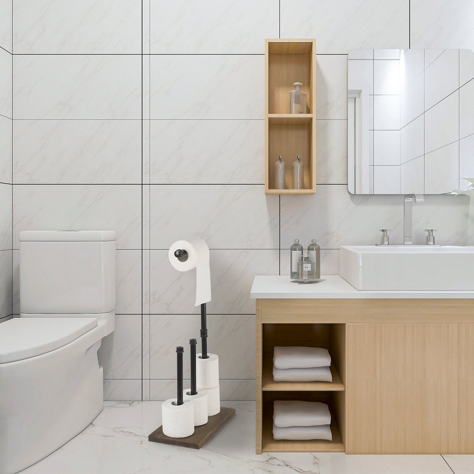 Rustic Toilet Paper Holder Stand with Wood Base, Double Roll Dispenser and Storage, Free Standing Pipe Tissue Holder for Farmhouse Bathroom,