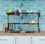 Two-Level Stainless Steel Above-Sink Dish Drainer with Adjustable Kitchen Storage Shelf and Integrated Cutlery Organizer, Black Finish