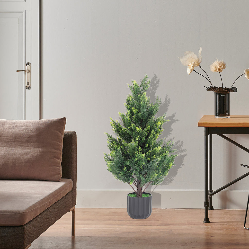 2-Pack 3Ft Artificial Cedar Topiary Trees, Faux Outdoor Cedar Bush in Decorative Pots for Front Porch and Patio,