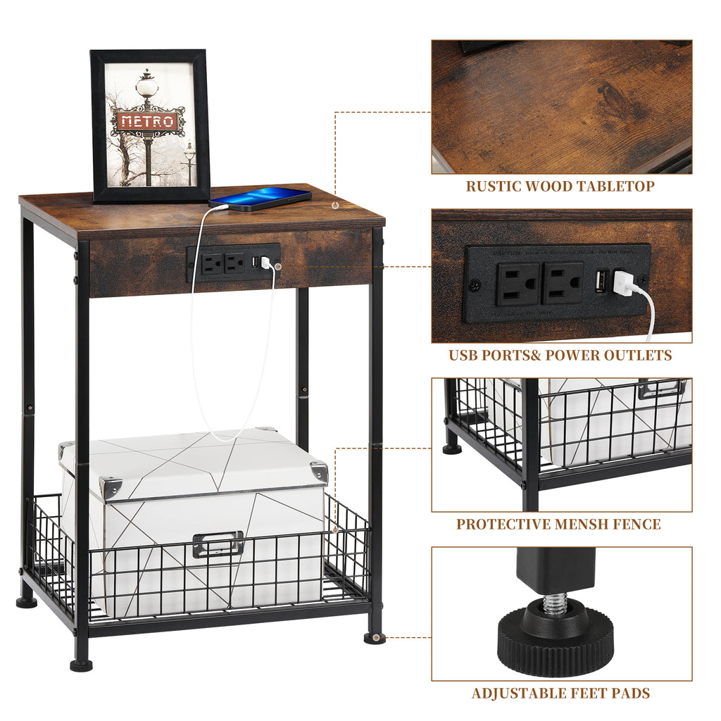Set of 2 Industrial Nightstands with Charging Station - Side Tables with AC Outlets, Drawer, and Wire Basket