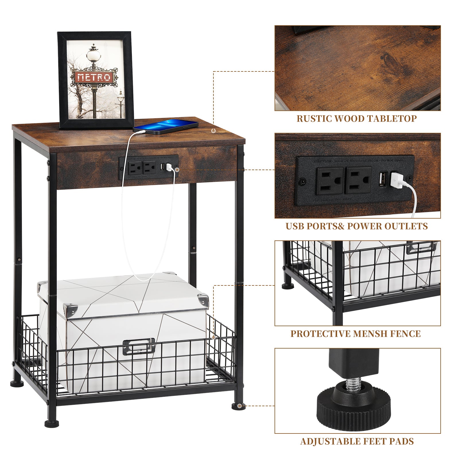 Set of 2 Industrial Nightstands with Charging Station - Side Tables with AC Outlets, Drawer, and Wire Basket