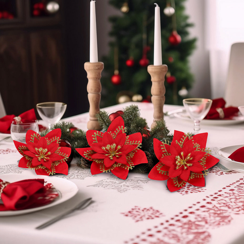Christmas Tree Glitter Poinsettia Flowers Artificial Berry Picks Decorations，12 pcs