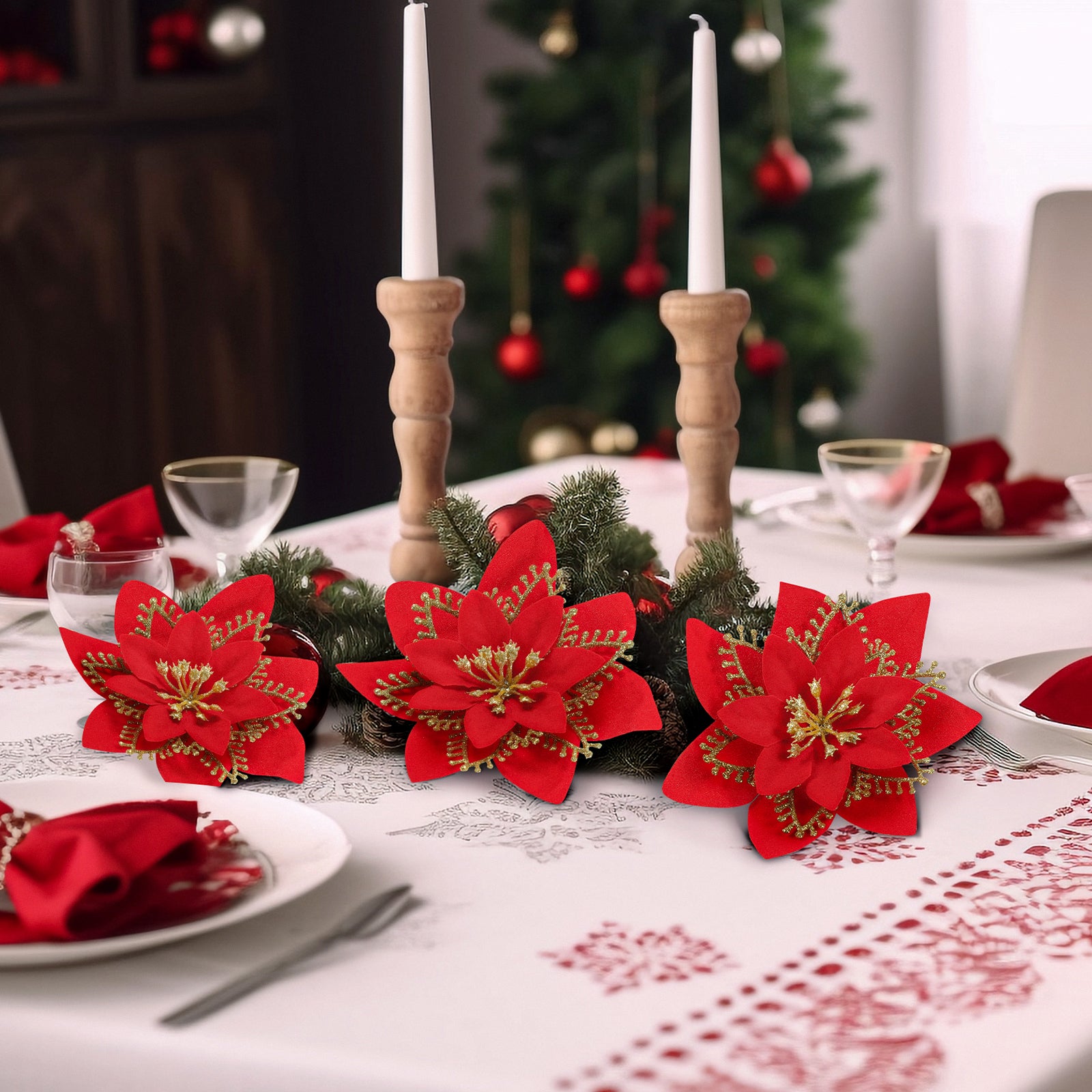 Christmas Tree Glitter Poinsettia Flowers Artificial Berry Picks Decorations，12 pcs