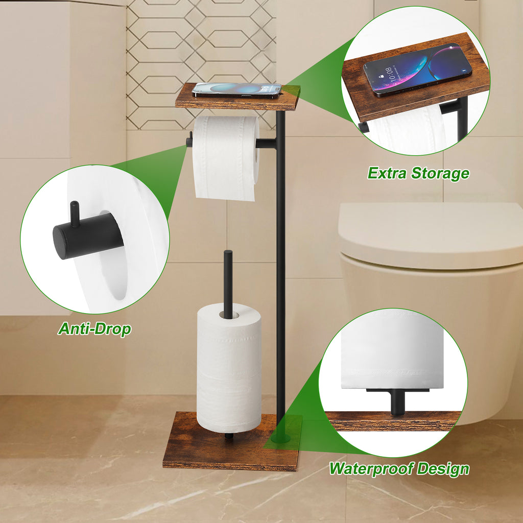 Rustic Industrial Free-Standing Toilet Paper Holder â€“ 3-in-1 Bathroom Organizer with Storage Shelf & Reserve