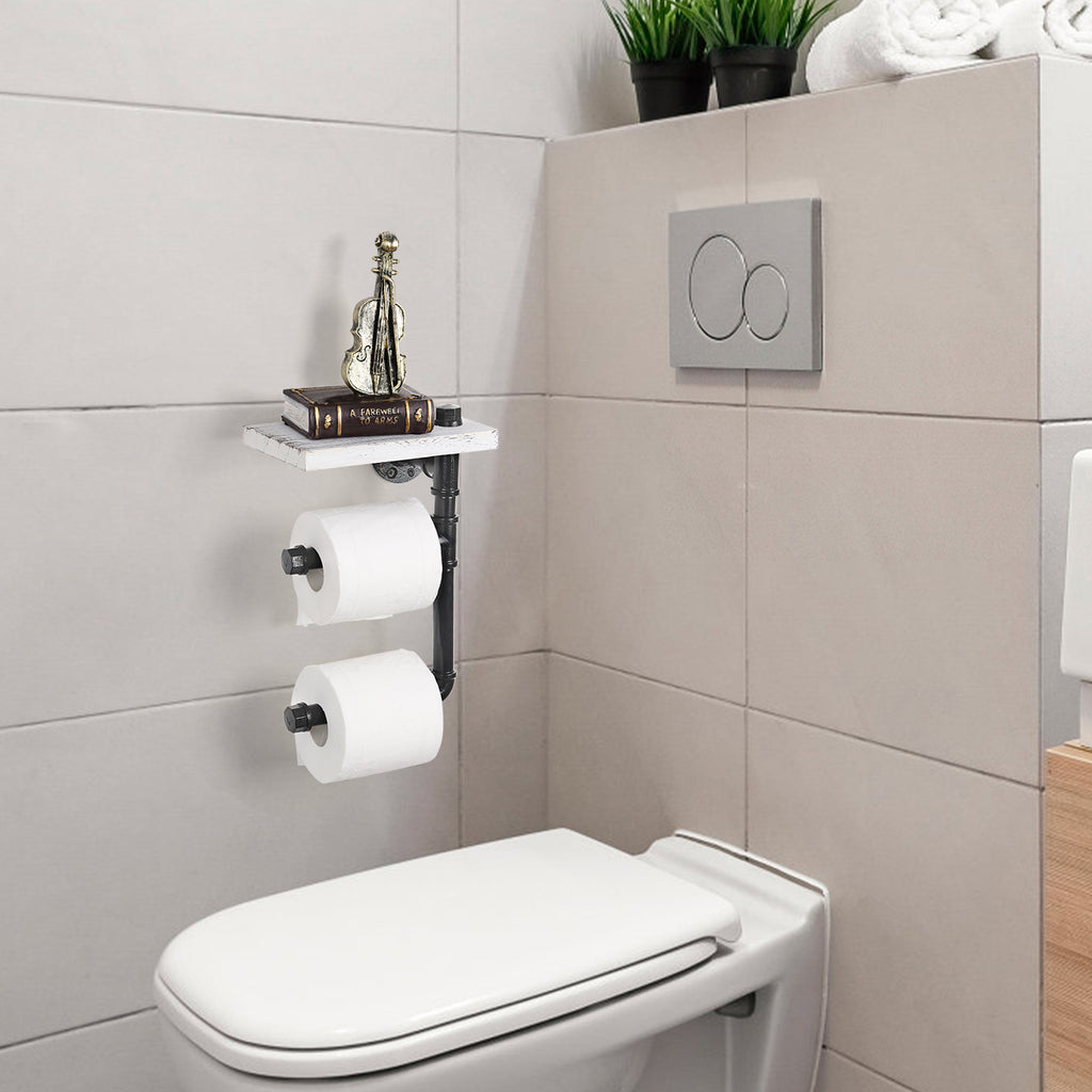 Double Roll Industrial Toilet Paper Holder with Shelf - Wall-Mounted Vertical Tissue Dispenser - Rustic Wood & Pipe Bathroom Storage Rack