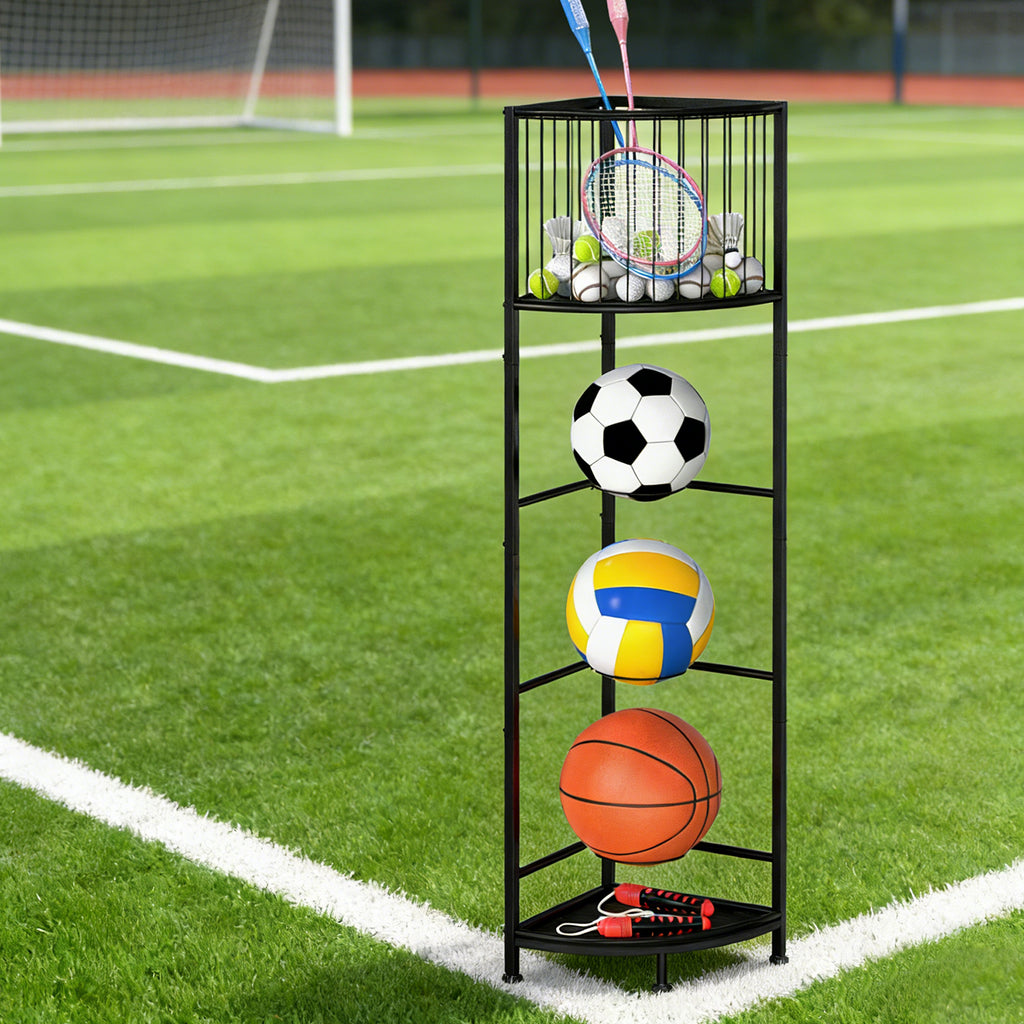3-Tier Corner Sports Ball Rack - Vertical Storage Organizer for Basketballs, Soccer Balls & Volleyballs,