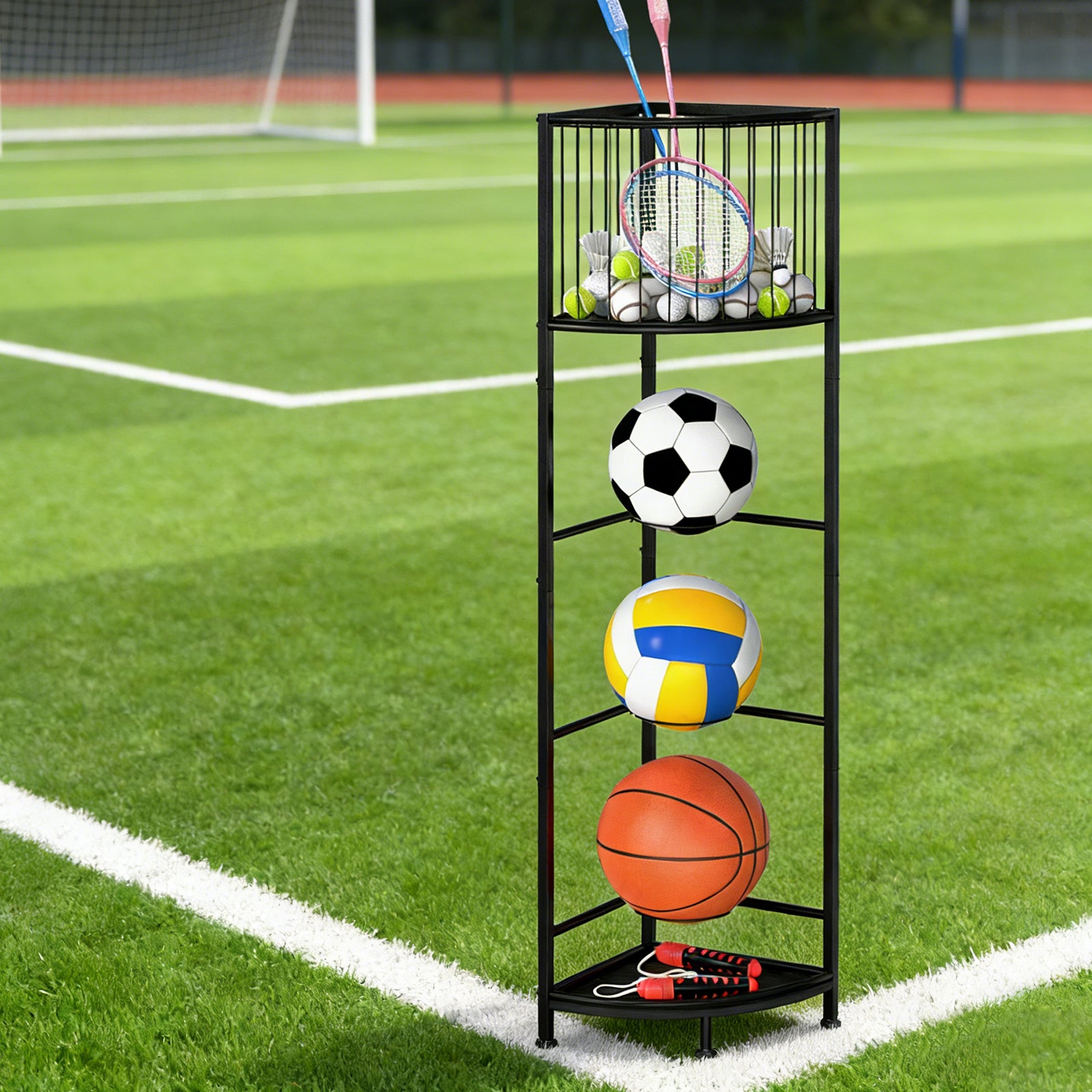 3-Tier Corner Sports Ball Rack - Vertical Storage Organizer for Basketballs, Soccer Balls & Volleyballs,