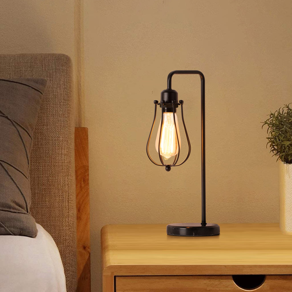 Vintage Industrial Table Lamp with Marble Base — Black Metal Nightstand Light for Office and Bedroom.