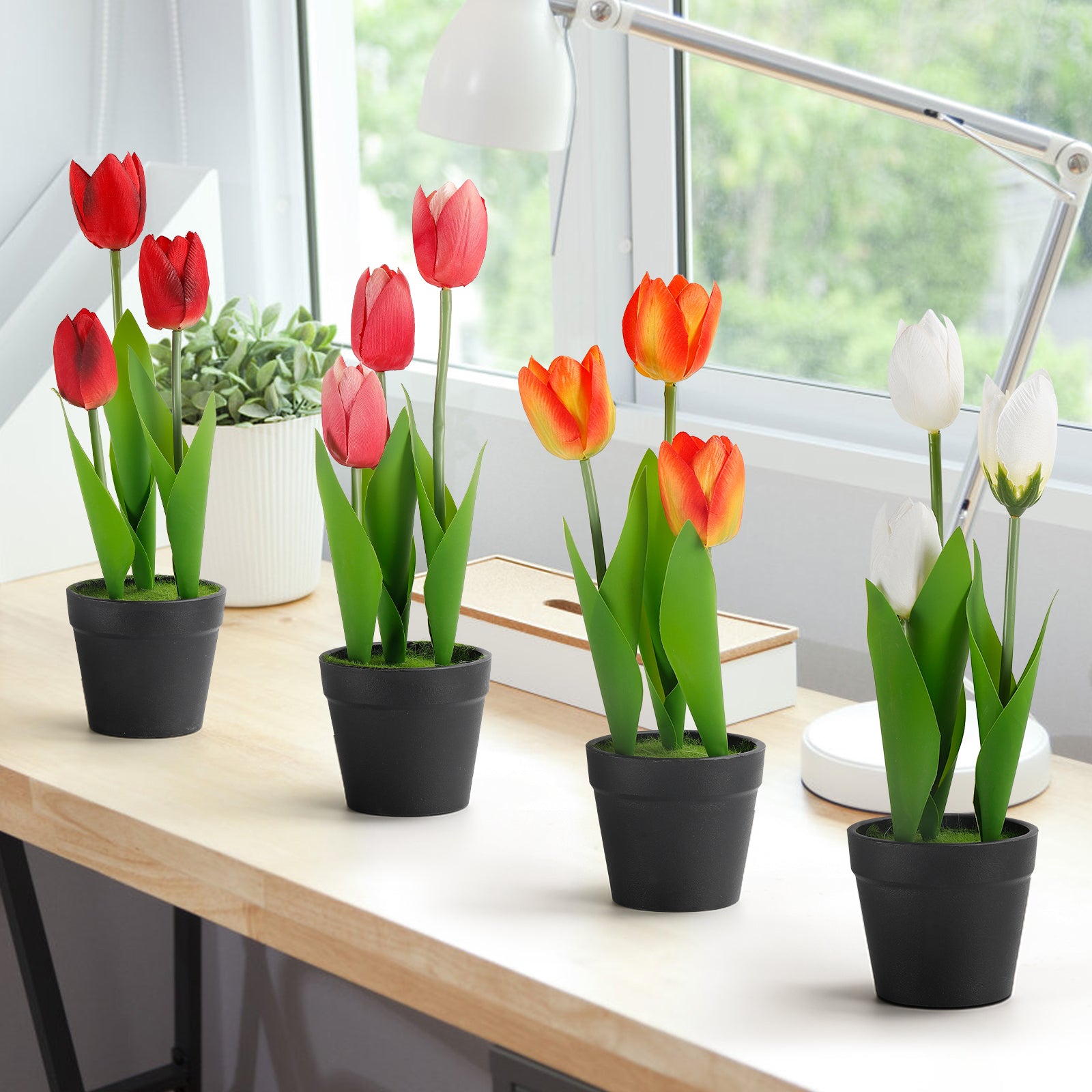 4-Pack Mixed Artificial Tulip Bouquets in Pots, Small Colorful Faux Flowers for Wedding Home & Holiday Party Decor