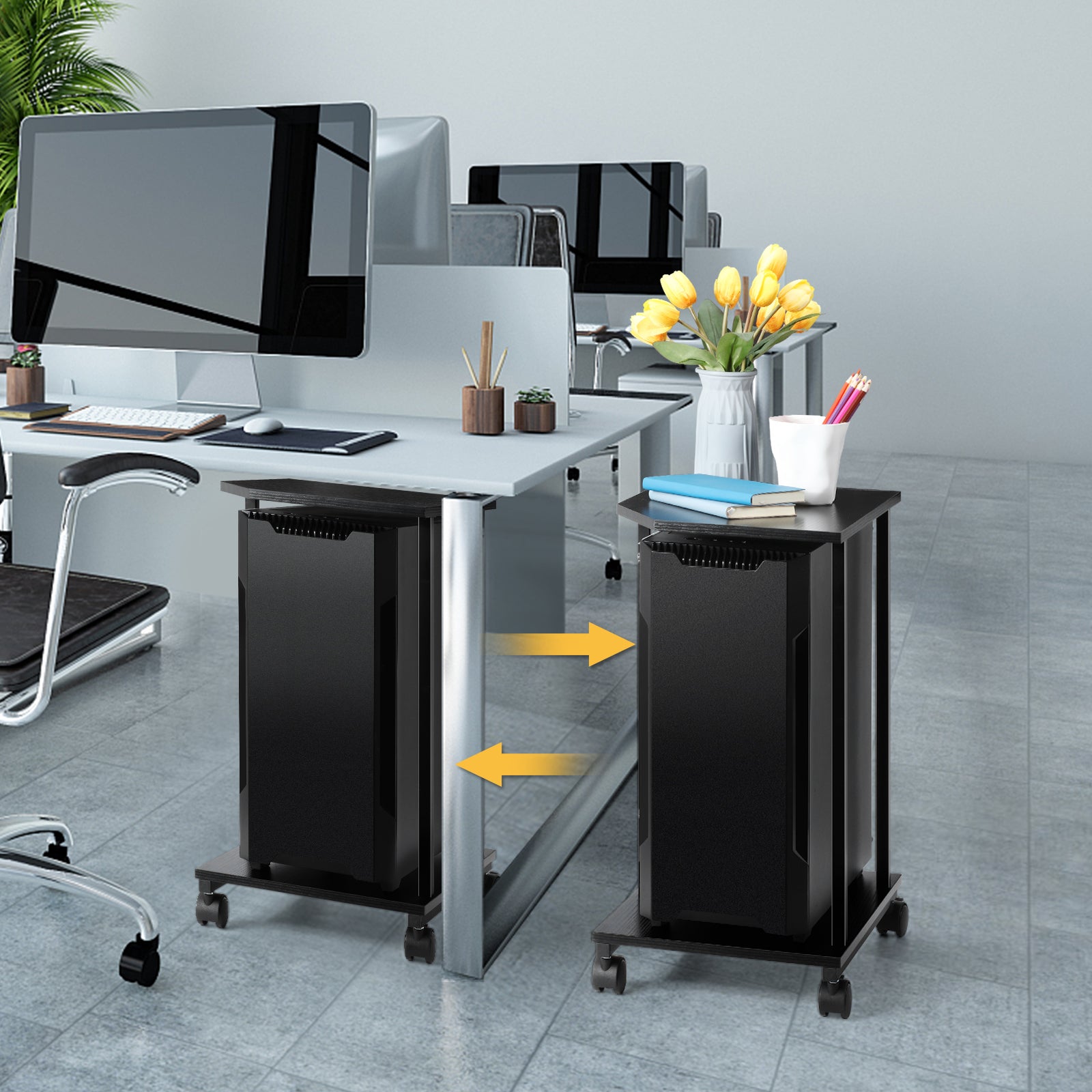 2-Tier Computer Tower Stand with Wheels, Under Desk PC Holder for Large Towers, Rustic Wood Printer Stand Table with Lockable Casters,