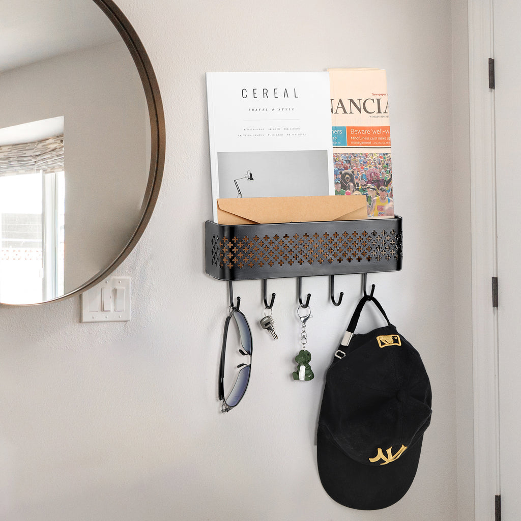 Wall Mounted Key & Mail Holder Set of 2 - Decorative Metal Entryway Organizer with 5 Hooks, Black