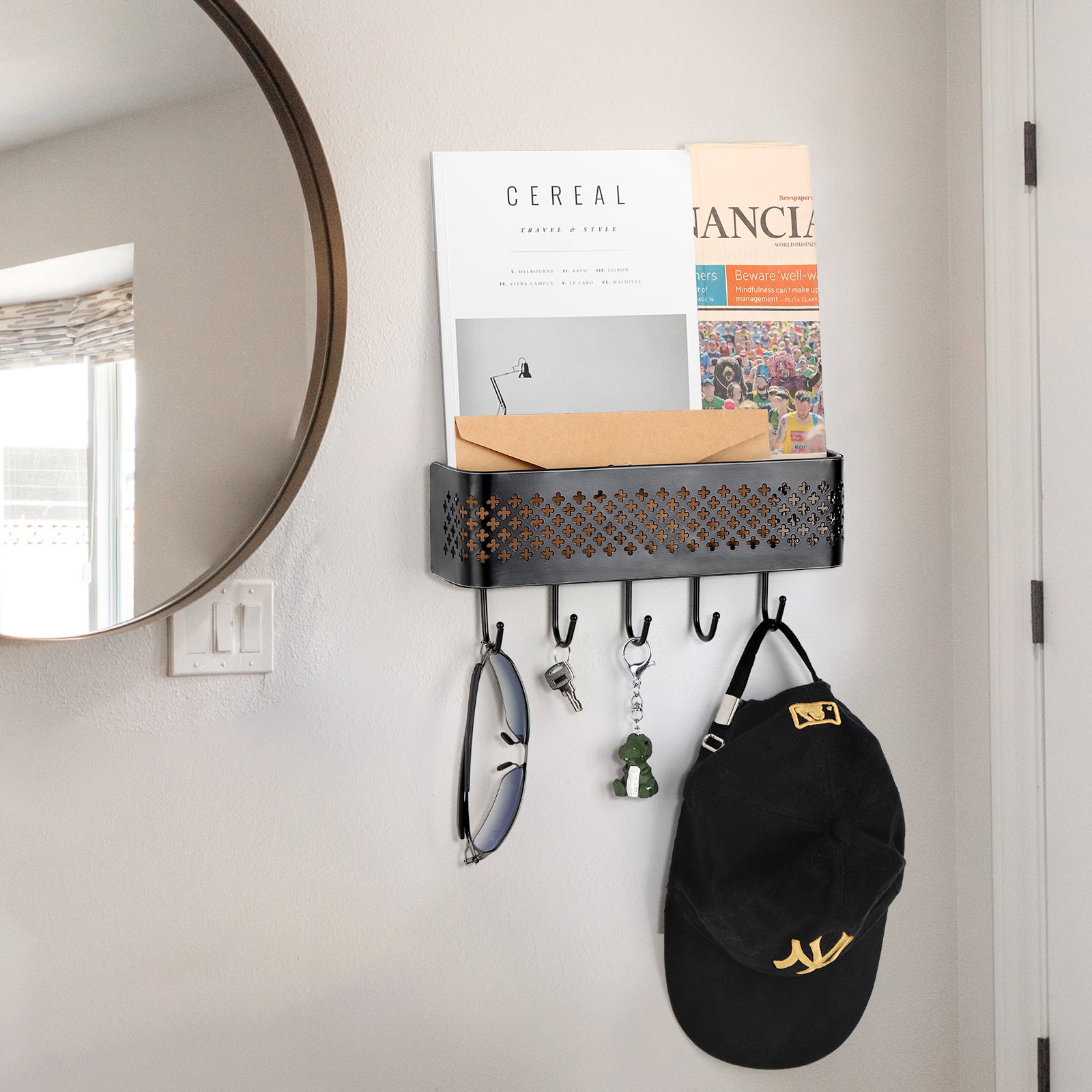 Wall Mounted Key & Mail Holder Set of 2 - Decorative Metal Entryway Organizer with 5 Hooks, Black
