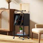 3-Tier Vinyl Turntable Station with Integrated Power Outlets and USB Ports, Black Media Storage Cabinet and Nightstand for Record Collections