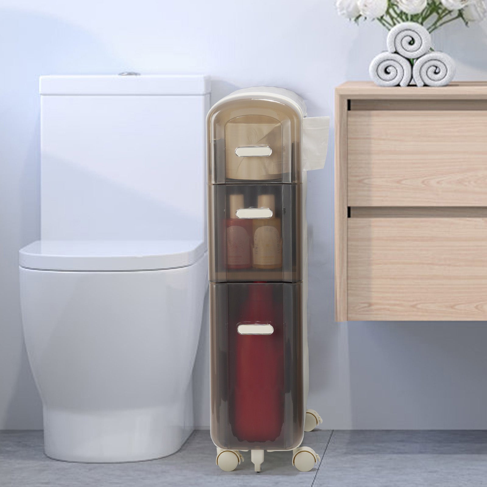 Multi drawer storage cabinet - white storage cabinet. White three-layer storage cabinet. A storage cabinet with drawers. Design inspired storage cabinet. Narrow storage cabinet. Suitable for bedrooms and bathrooms.