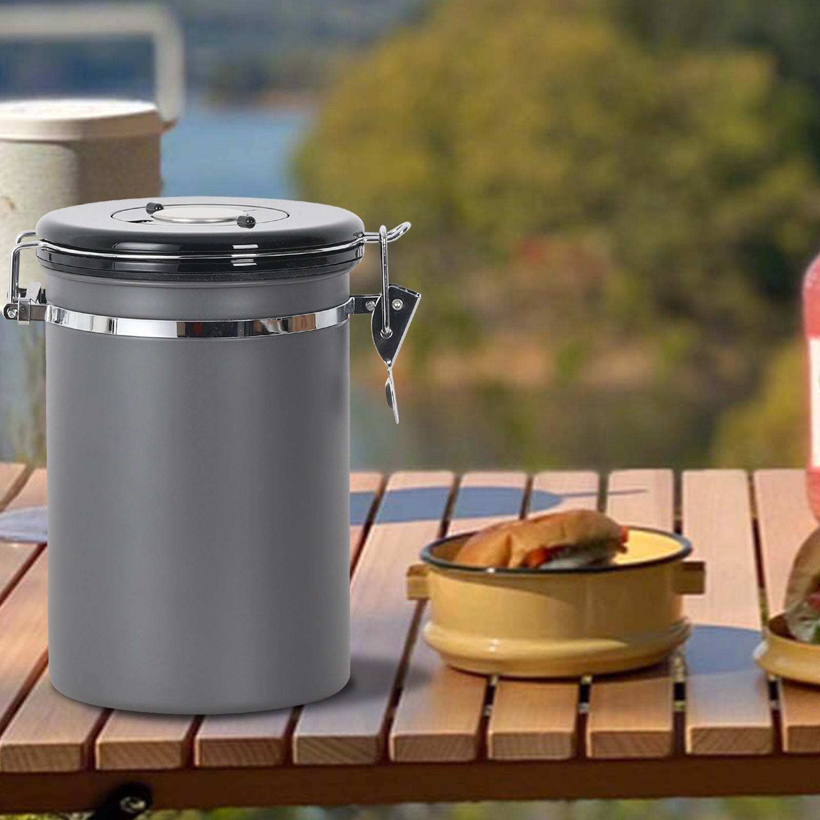 Airtight Coffee Canister - 22 oz Stainless Steel Coffee Bean Storage with Date Tracker & CO2 Valve - Includes Measuring Scoop, Gray