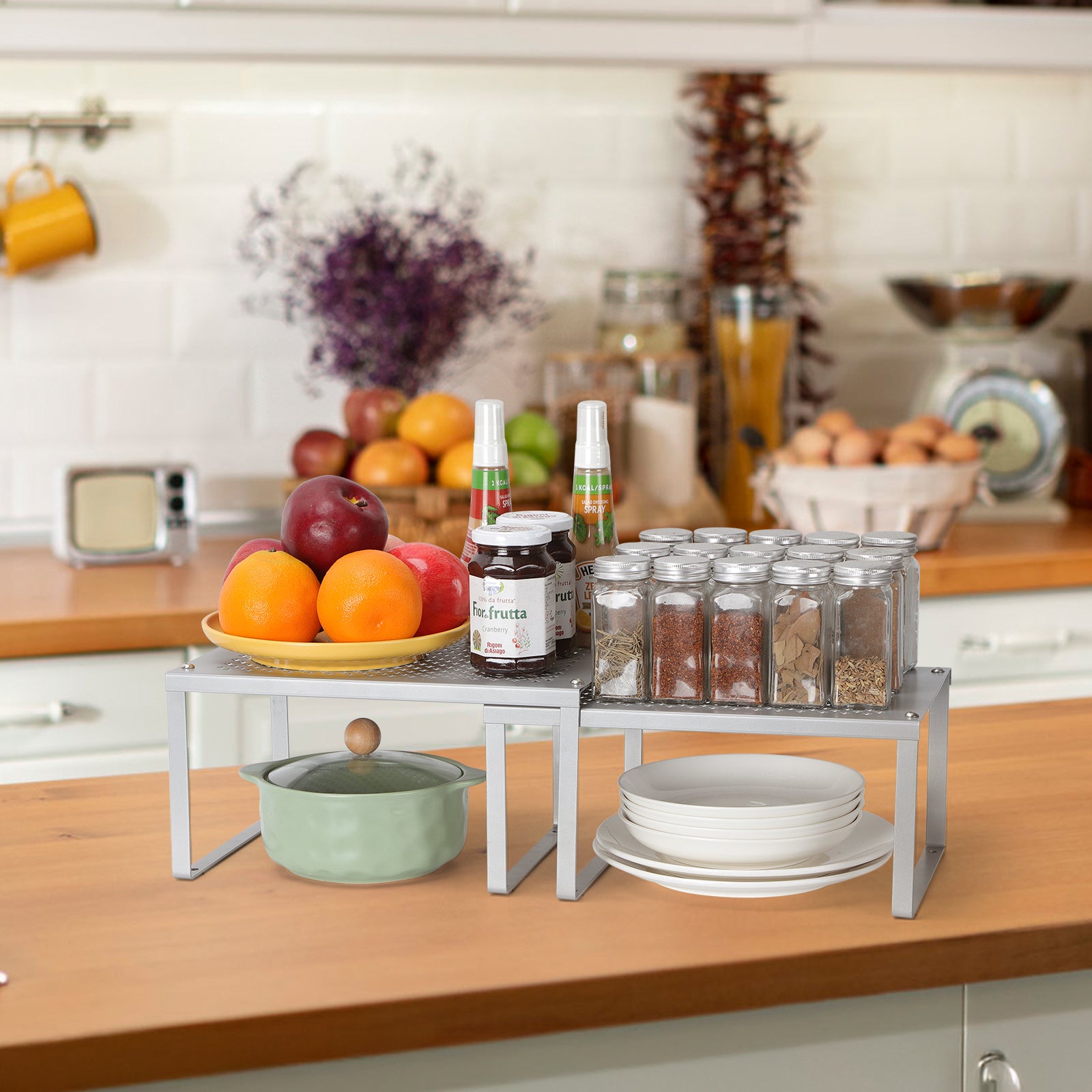 3-Tier Stackable Kitchen Cabinet Organizer - Metal Spice Rack & Pantry Storage Shelves, Space-Saving