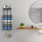 Wall Mounted Towel Rack with Wood Shelf & 6 Hooks, Metal Bathroom Organizer for Large Rolled Towels, Black,