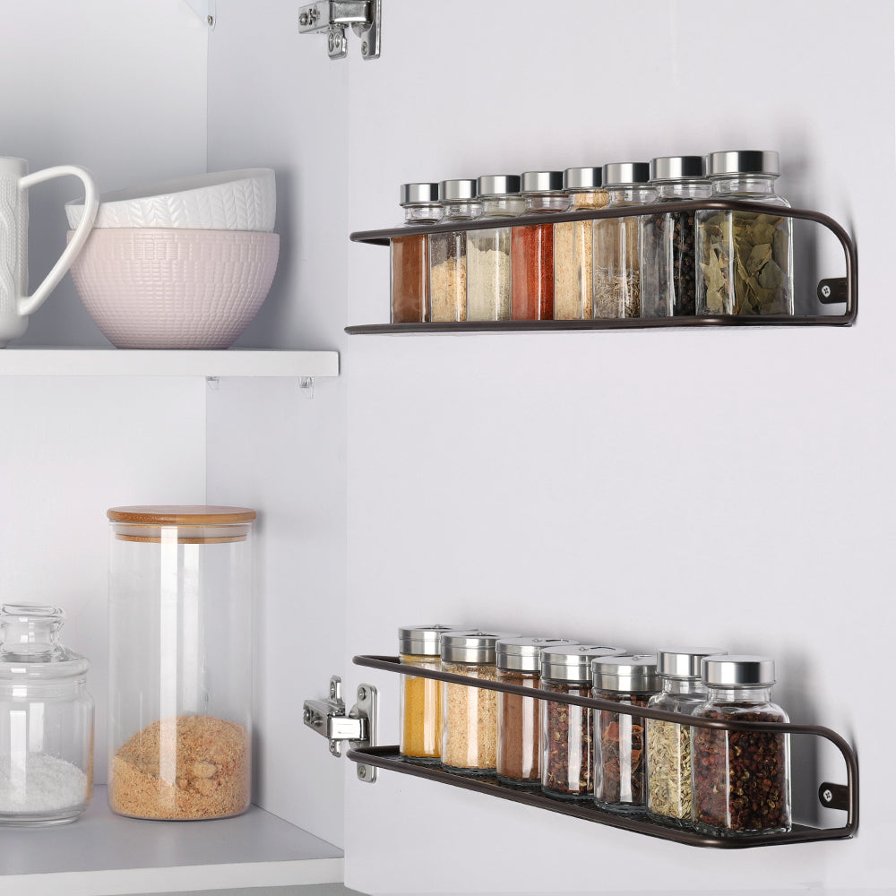 Wall-Mounted Single Tier Spice Racks (Set of 2) - Bronze Metal Spice Shelf for Kitchen Doors & Cabinets