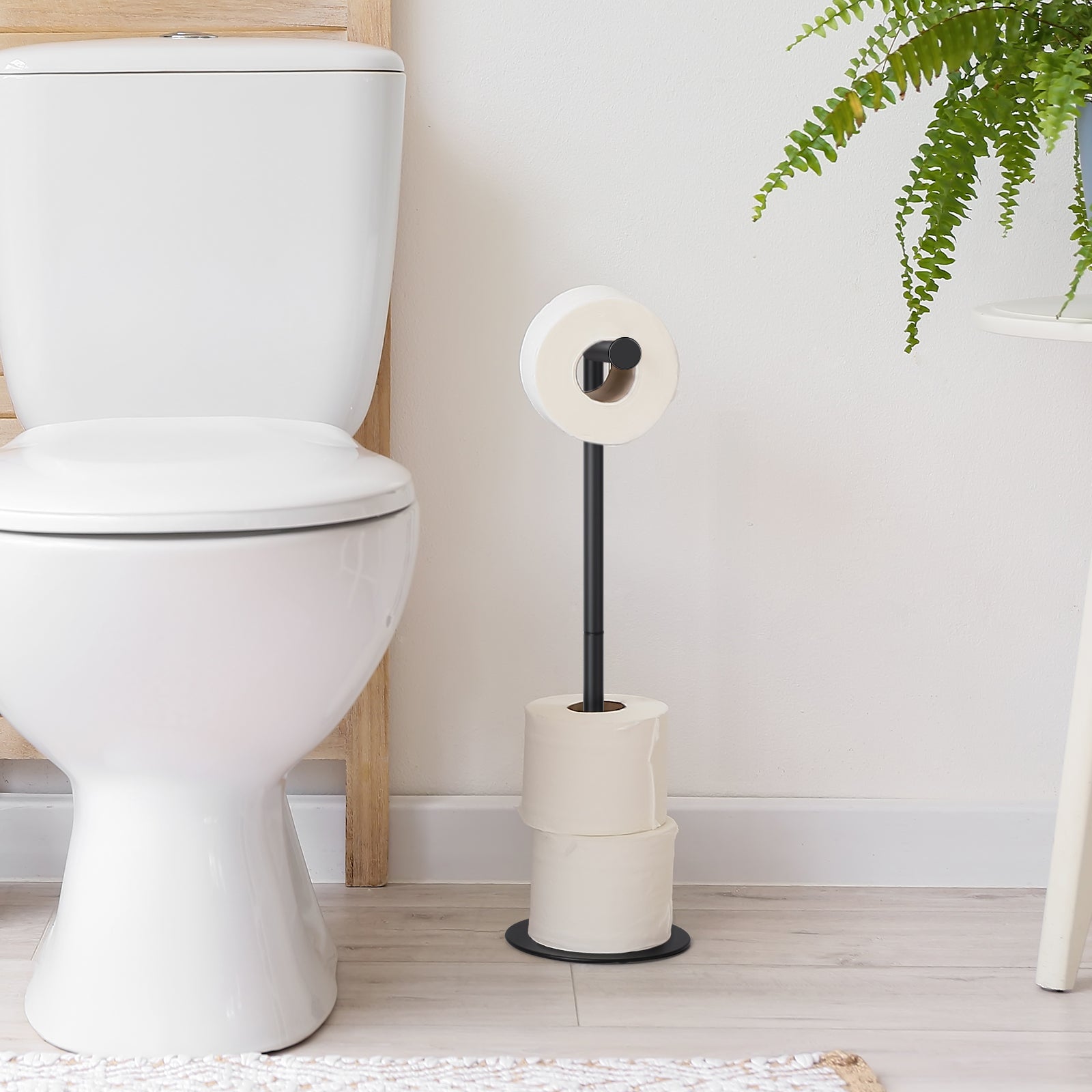Free Standing Toilet Paper Holder Stand, Matte Black Stainless Steel Floor Tissue Roll Storage Rack, Reserve Roll Storage Design Holds Up to 5 Rolls for Bathroom Washroom