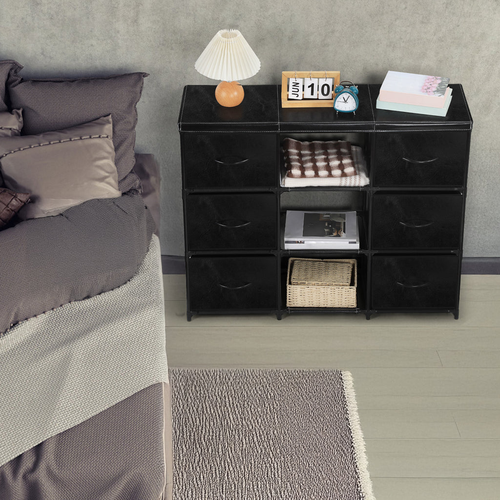6/8 Drawer Fabric Storage Dresser with Open Middle Shelves, PU Leather Top Chest of Drawers, Modular Metal Frame Vertical Organizer Cabinet, Freestanding Closet Organizer for Bedroom, Entryway, Living Room, Salon