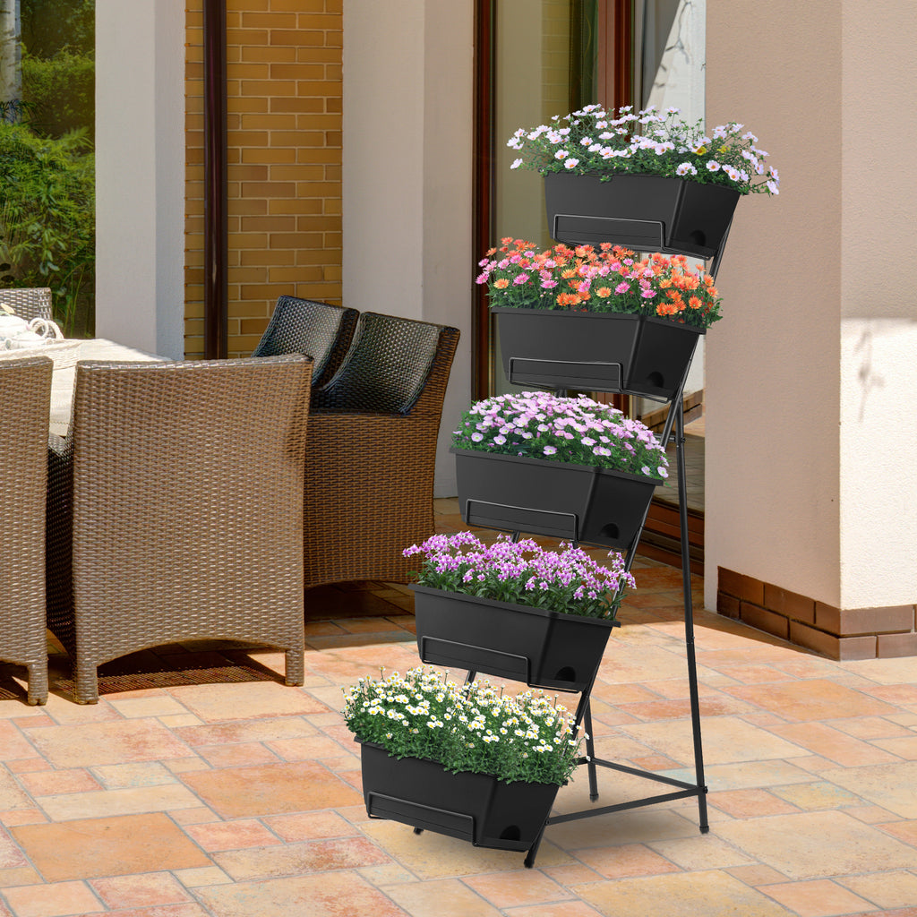 5-Tier Vertical Raised Garden Bed with Drainage - Elevated Planter Boxes for Flowers & Herbs, Space-Saving Outdoor/Indoor Standing Garden, Black